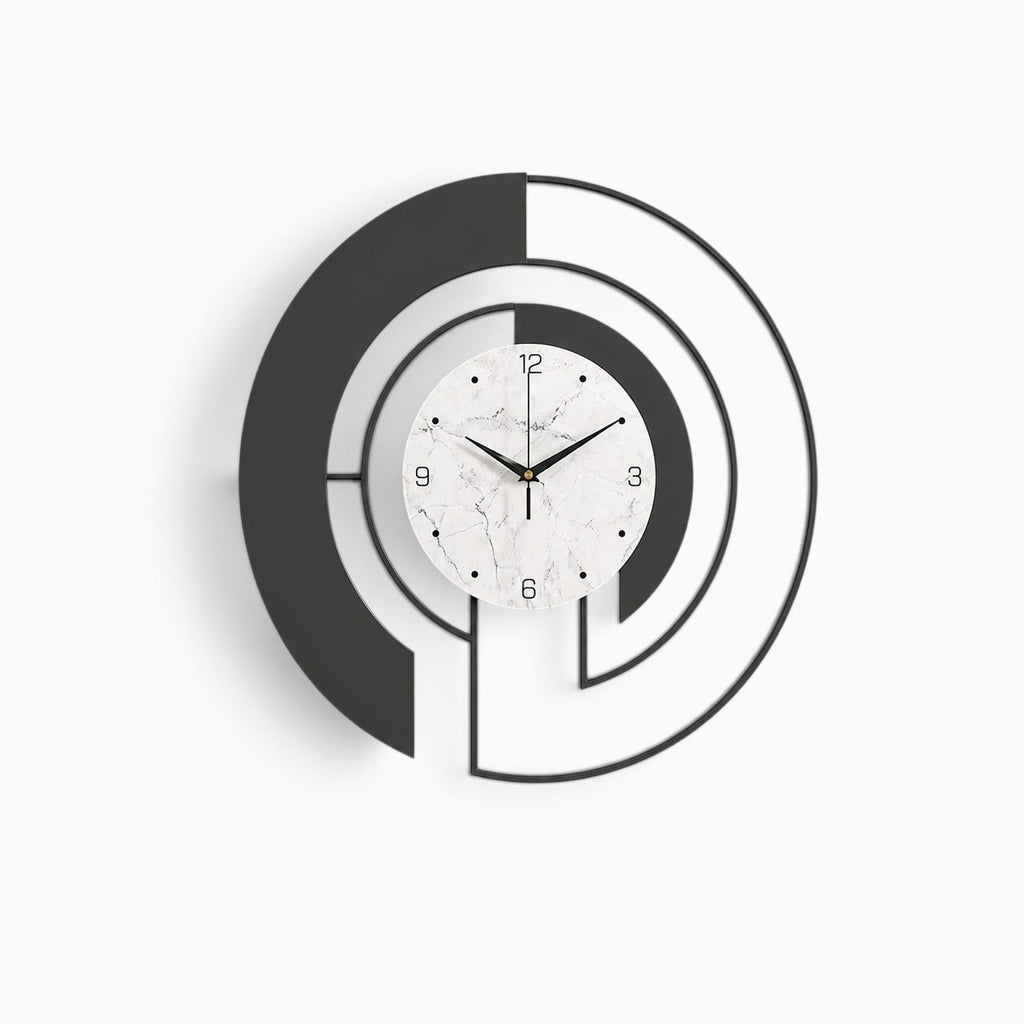 Horloge murale Ma boutique moderne en métal noir et blanc avec cadran effet marbre et design abstrait circulaire
