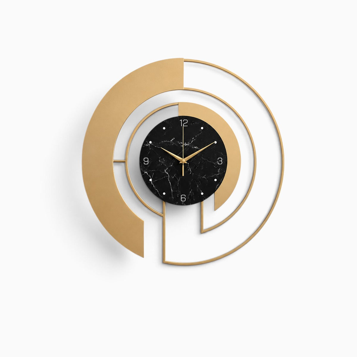 Horloge murale Ma boutique dorée avec cadre en métal et cadran noir effet marbre, design moderne et silencieux.