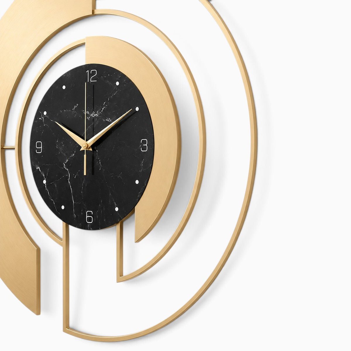 Horloge murale Ma boutique dorée en métal avec cadran noir effet marbre et design abstrait moderne et silencieux